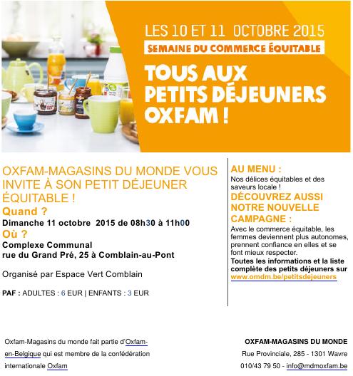 Dimanche 11 octobre à Comblain: Petit-déjeuner Oxfam.